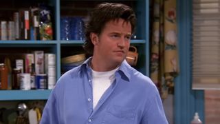 Chandler Bing (Matthew Perry) tries to offer advice to his friend, Rachel Green on Friends.