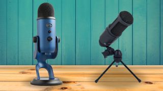 Blue Yeti and Audio technica AT 2020 mics on a wooden surface