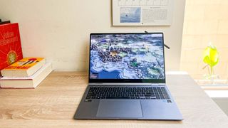 Samsung Galaxy Book 4 Pro 360 review unit on desk running Windows 11