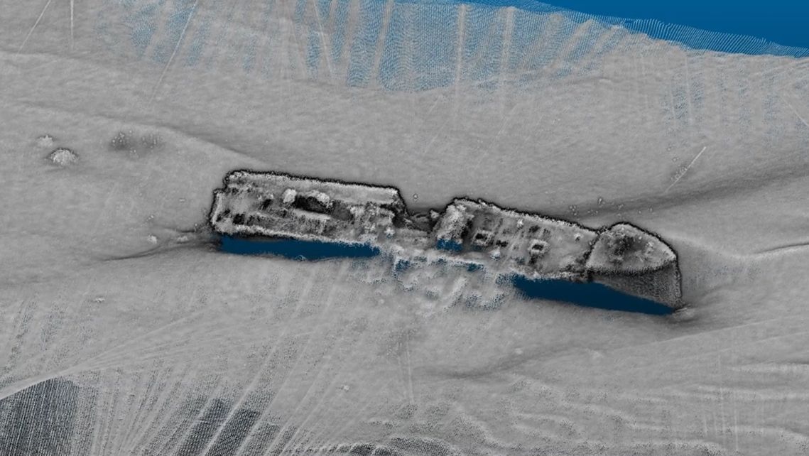 The wreck of the ship now lies on the floor of the North Sea off the coast of Belgium, at a depth of about 115 feet (35 m), as shown in this sonar image. 