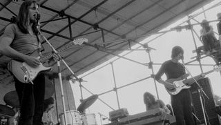David Gilmour (left) and Roger Waters perform with Pink Floyd at Hyde Park in London, England on July 18, 1970