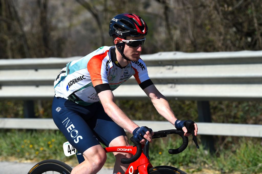 SAN MARINO ITALY MARCH 24 Eddie Dunbar of Ireland and Team INEOS Grenadiers White Leader Jersey competes during the 36th Settimana Internazionale Coppi e Bartali 2022 Stage 3 a 1471km stage from San Marino to San Marino 648m CoppieBartali on March 24 2022 in San Marino Italy Photo by Dario BelingheriGetty Images