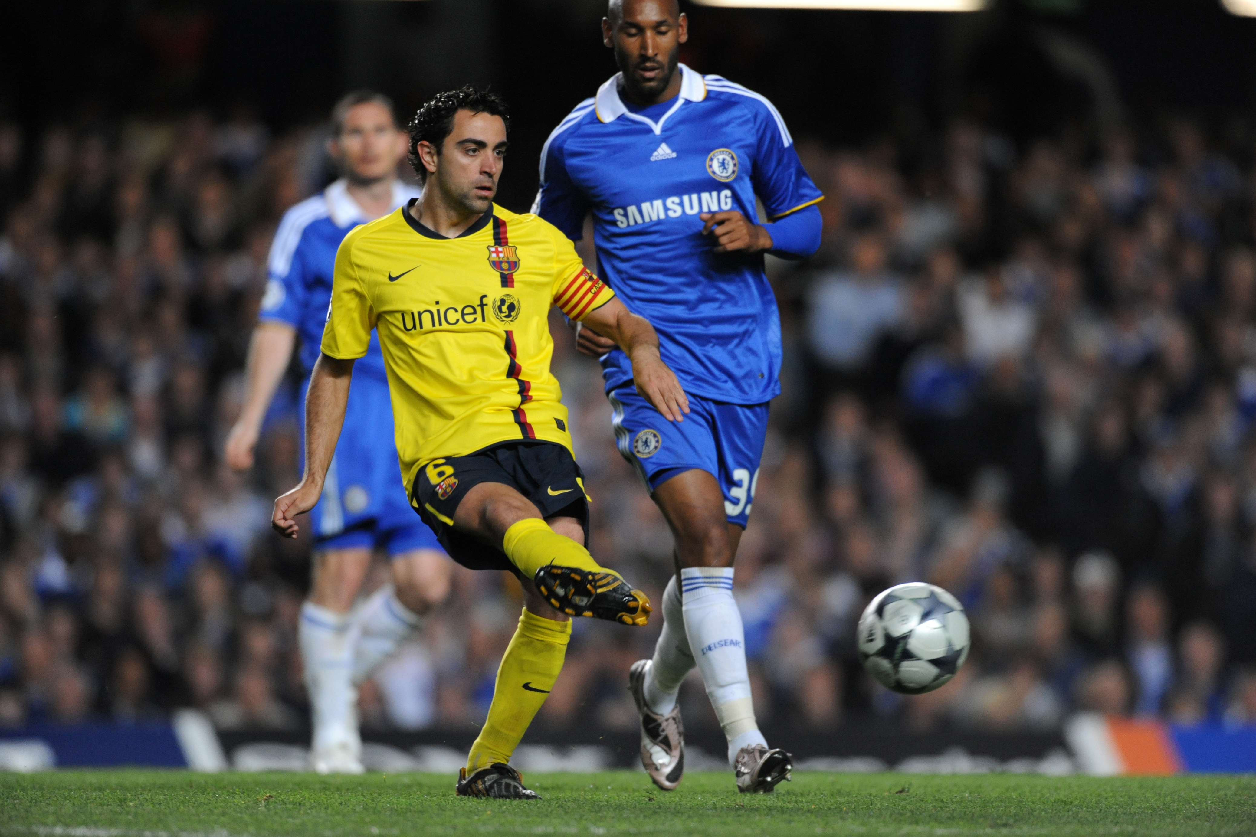 Xavi in action for Barcelona against Chelsea in the Champions League semi-finals in May 2009.