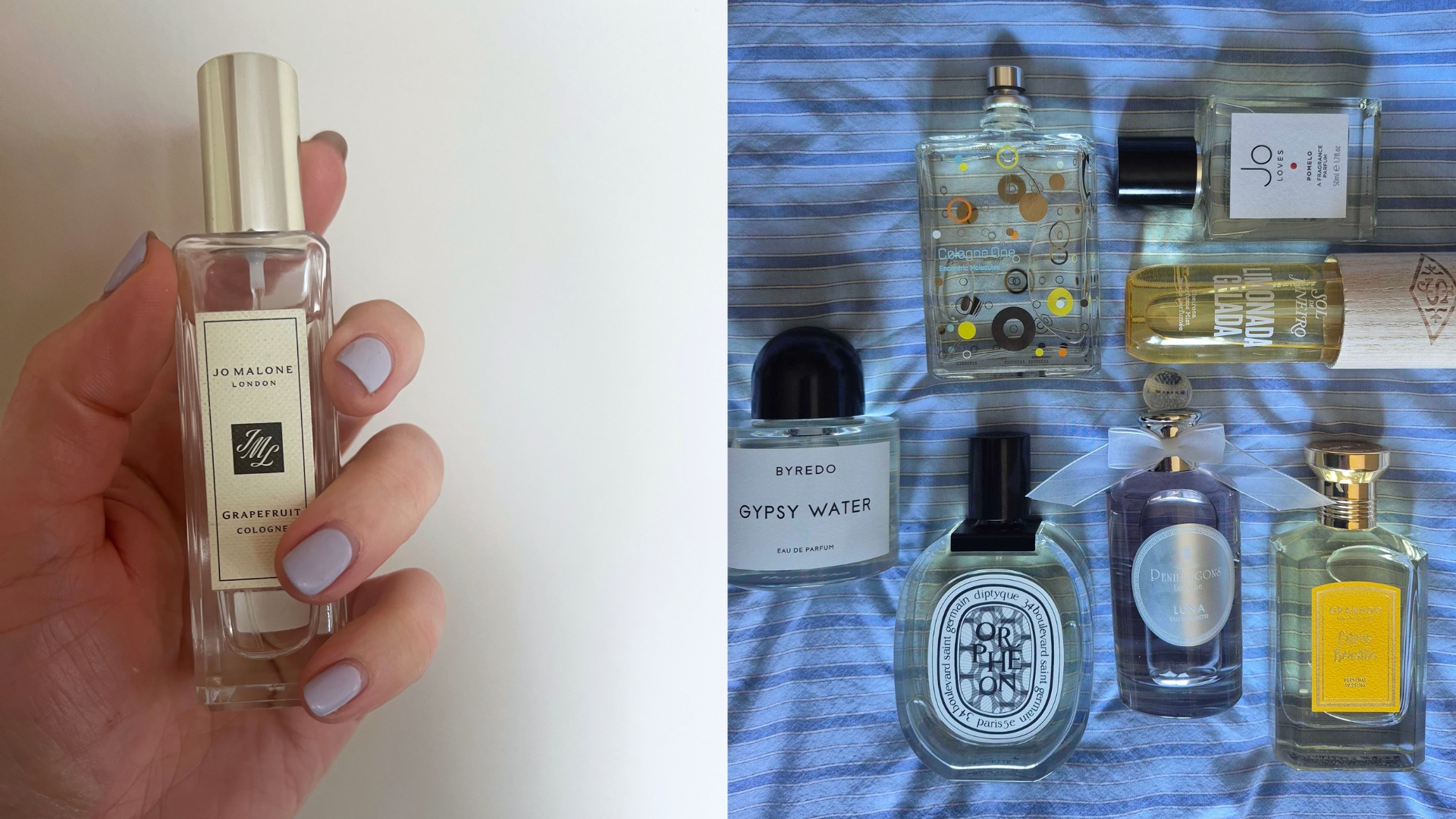 On the left is a picture of Beauty editor, Fiona's hand seen holding the Jo Malone Grapefruit perfume in her hand, alongside a picture of seven more of the citrus perfumes featured in this roundup spread across a blue striped bedspread.