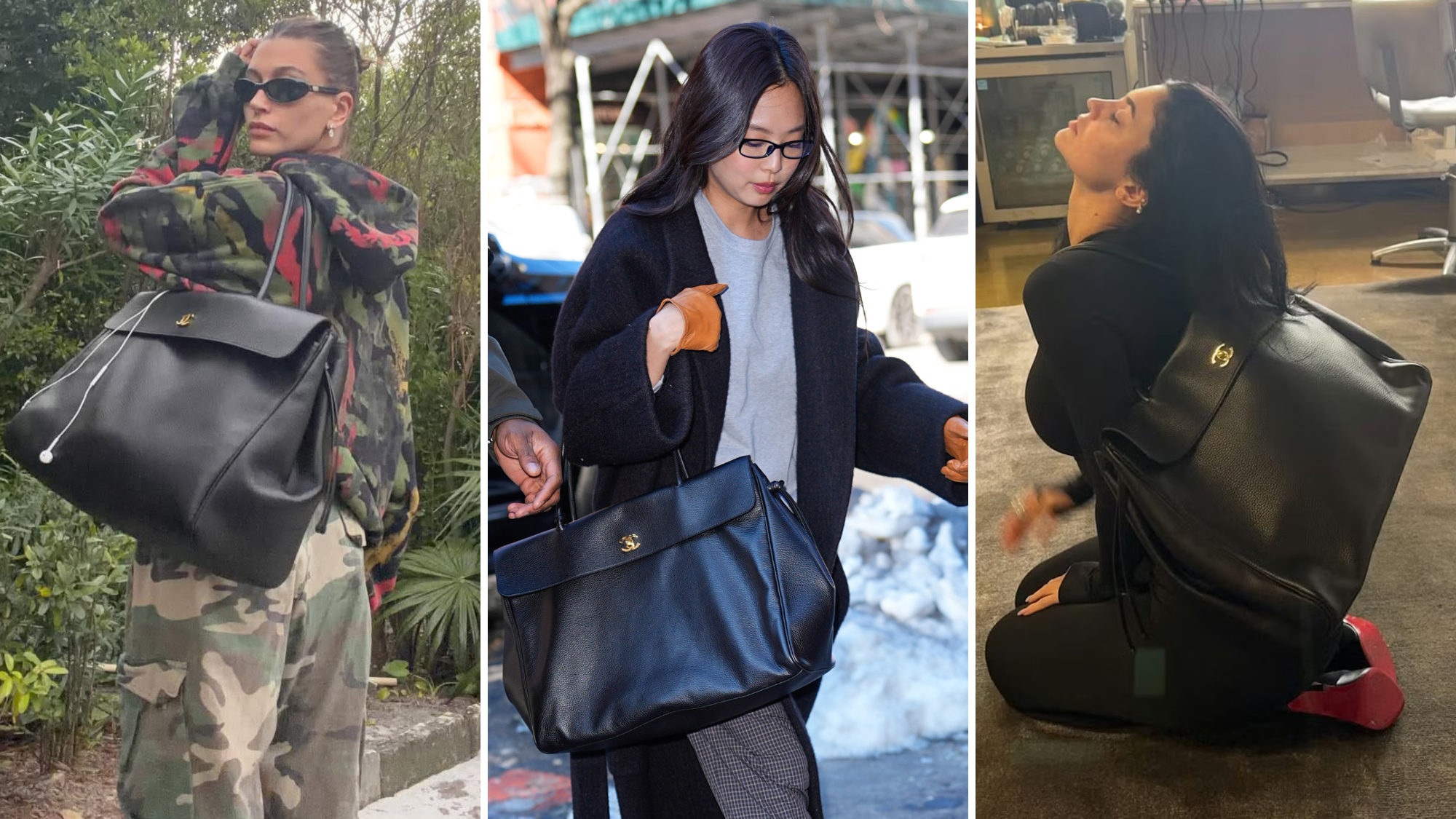 hailey bieber kylie jenner and jennie carrying a chanel xl tote bag