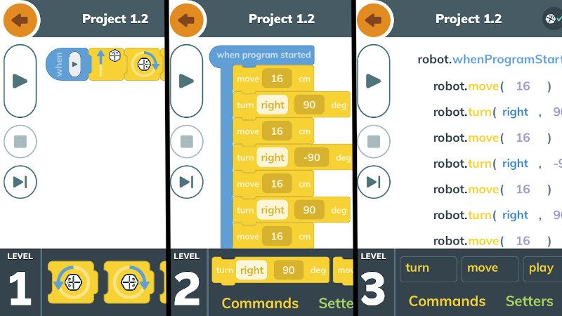 Root Coding screenshot showing three editable interfaces for the same project.