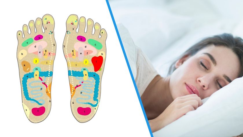 A split screen of a foot reflexology diagram and a sleeping woman.
