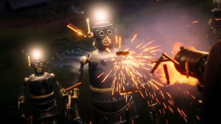 a robot being shot with a gatling gun but still approaching menacingly