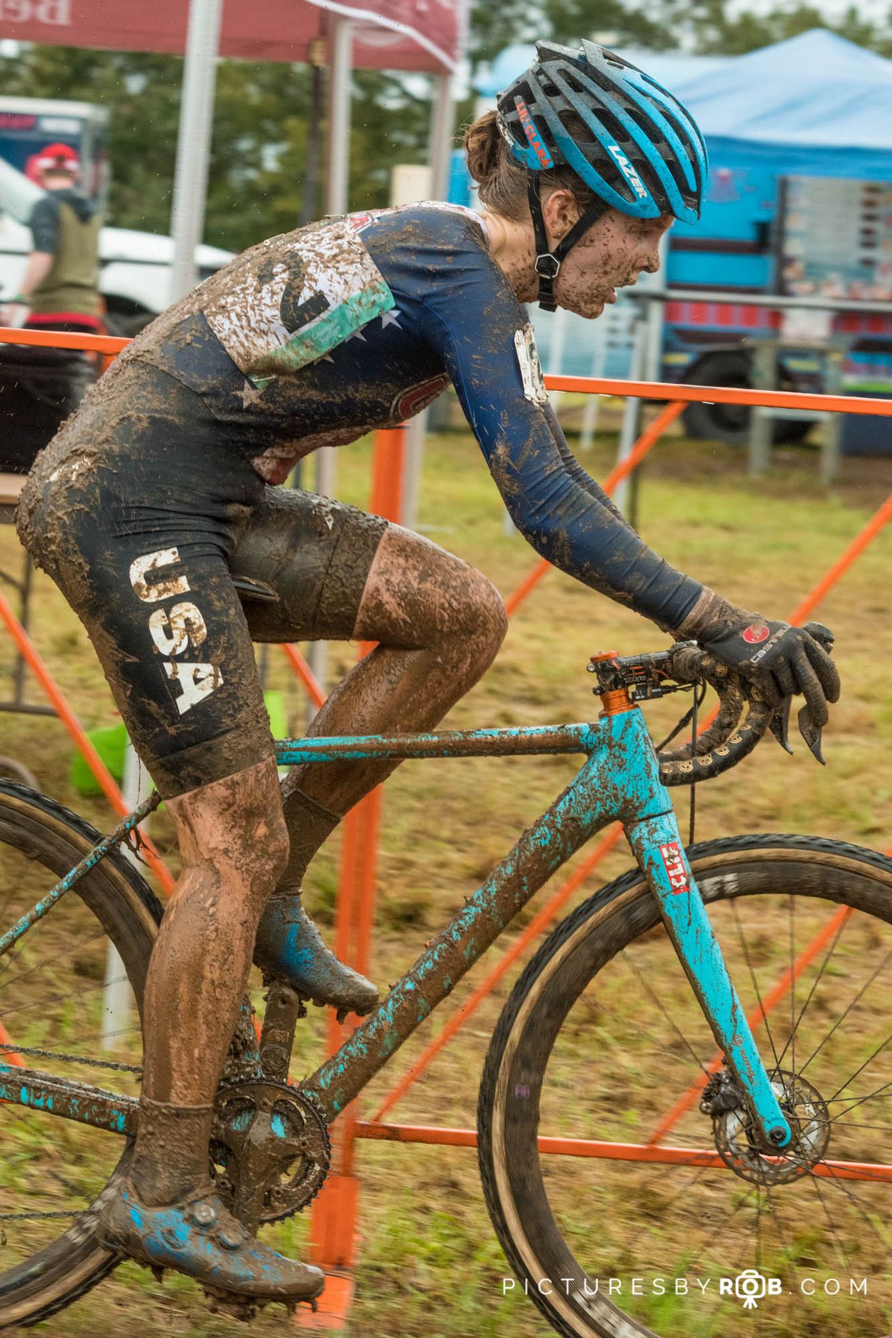 Clara Honsinger (USA National Team) picked up a little mud on her way to the win