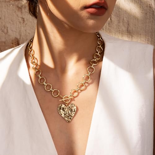 Robaice Chunky Gold Heart Necklace for Women&amp;#65292;14k Gold Plated Hammered Heart Pendant Bold Chain Necklace With Toggle Clasp&amp;#65292;waterproof Non Tarnish Hypoallergenic Chunky Statement Jewelry Gift for Women