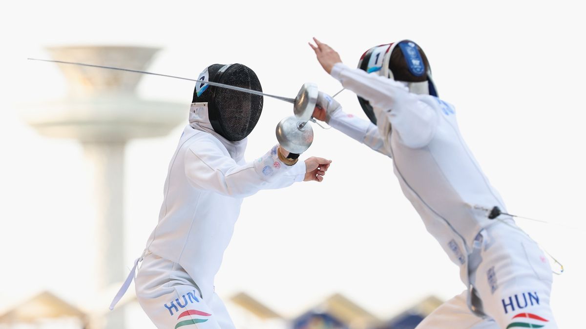 Athletes competing in the fencing round of the modern pentathlon ahead of the 2024 Paris Olympic Games.