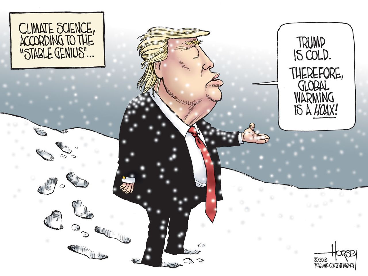 Political cartoon U.S. Trump stable genius climate change snow weather