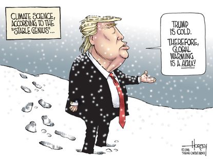 Political cartoon U.S. Trump stable genius climate change snow weather