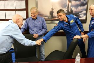 (From the left) On March 17, 2022, Apollo astronaut Gen. Thomas Stafford, NASA Administrator Bill Nelson, NASA astronaut G. Reid Wiseman, the current head of NASA's astronaut office and NASA astronaut Drew Feustel (right).