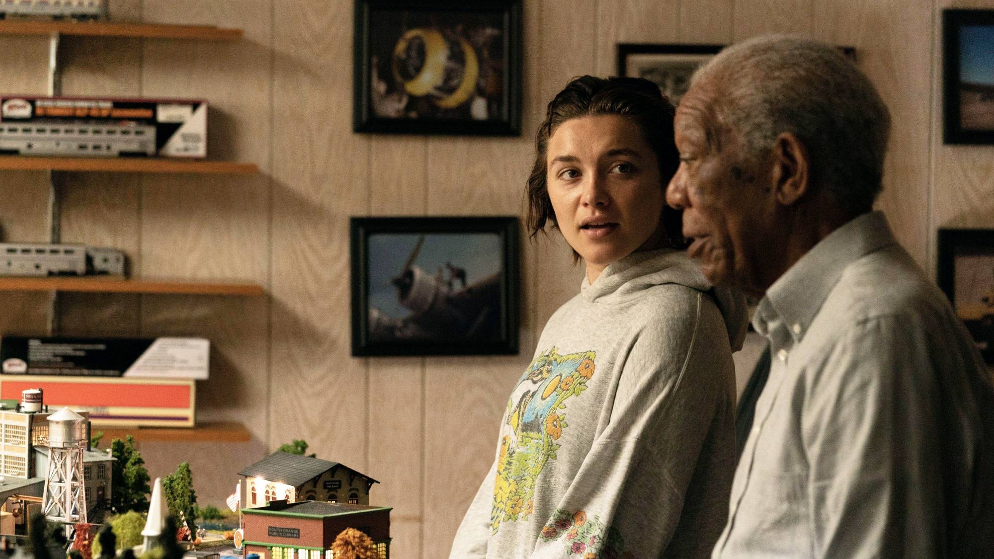 Florence Pugh and Morgan Freeman in "A Good Person" (2023)