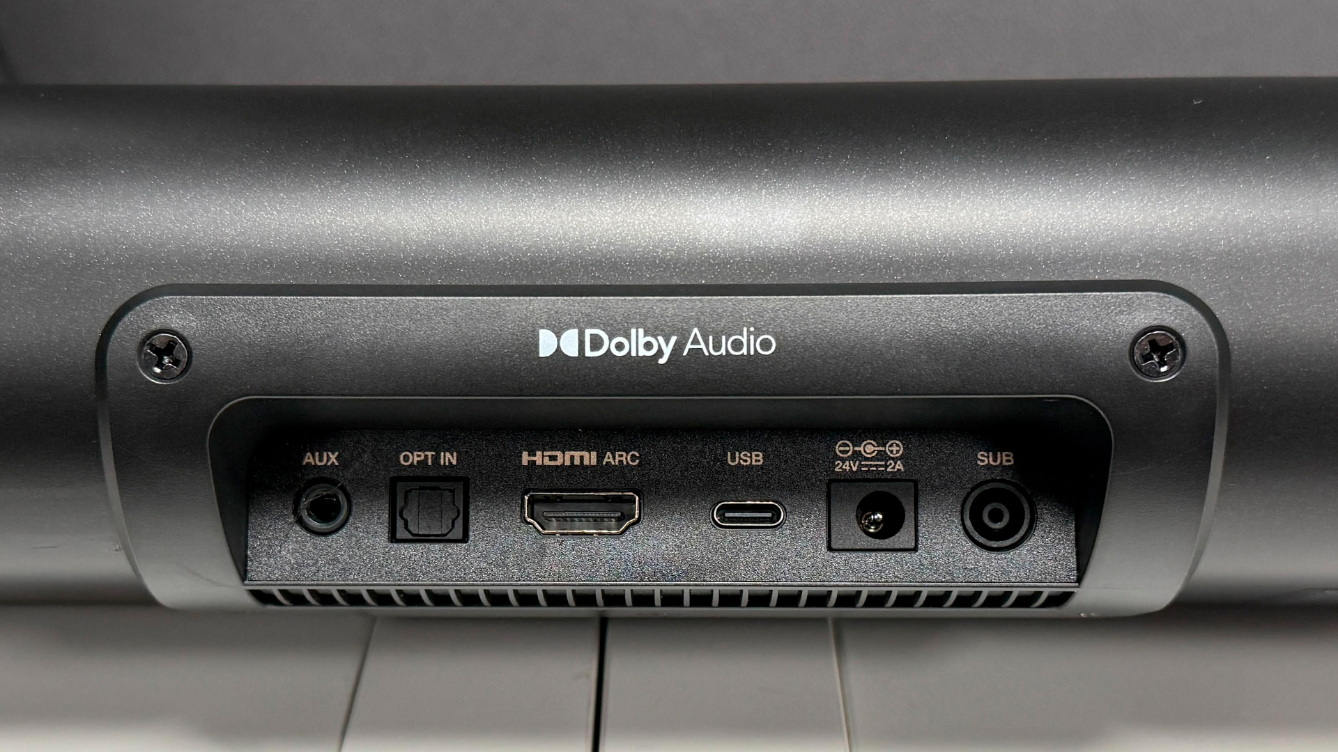 Creative Stage Pro soundbar rear of unit close up on connections cove