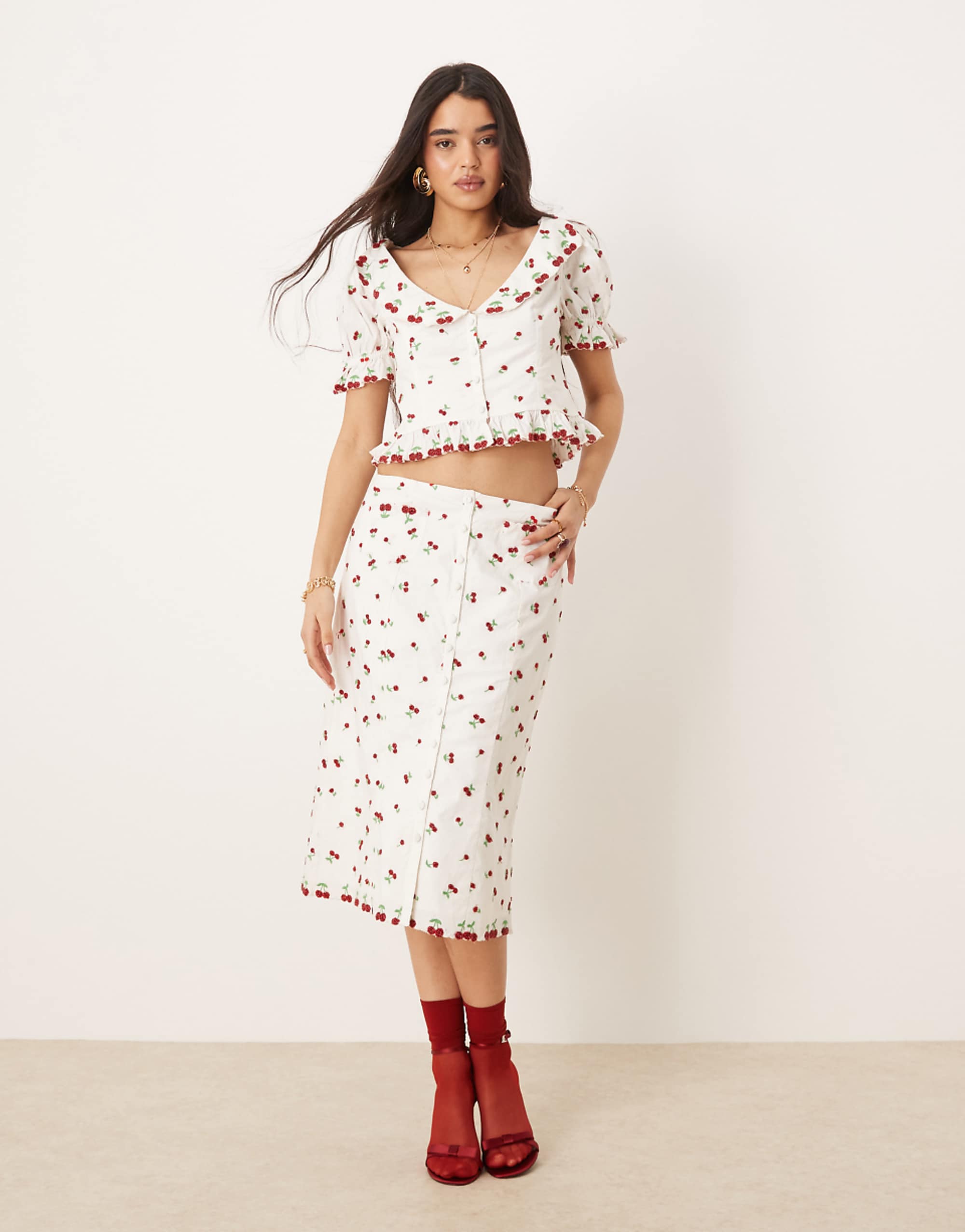 For Love & Lemons Beaded Cherries Midi Skirt in White and Red Co-Ord