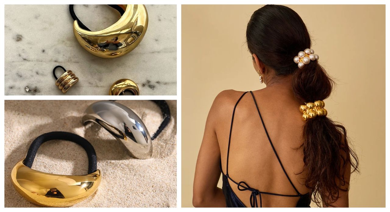 pony cuff trend illustrated by three photos of gold and silver ponytail accessories