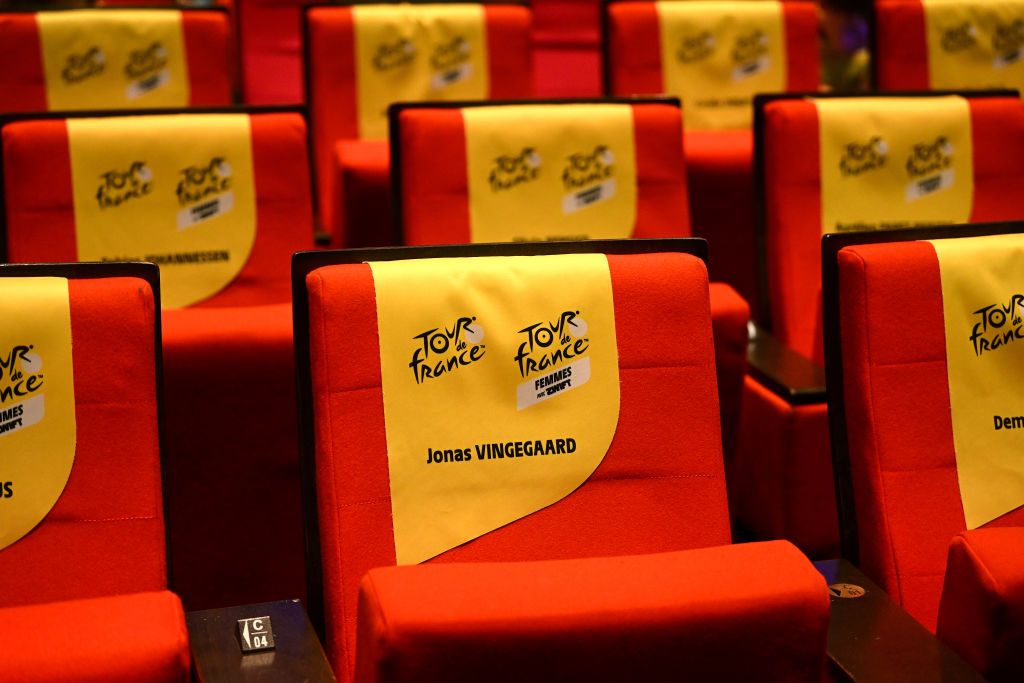 PARIS FRANCE OCTOBER 25 Detail view of the seat reserved for Jonas Vingegaard of Denmark and Team JumboVisma during the 111th Tour de France 2024 3rd Tour de France Femmes 2024 Route Presentation UCIWT UCIWWT on October 25 2023 in Paris France Photo by Dario BelingheriGetty Images