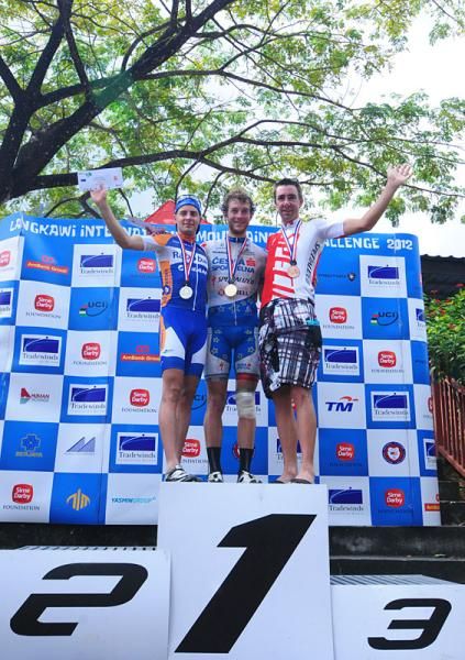 Stage 3 men's podium: Fabian Giger (second place) Kristian Hynek (first place) Todd Wells (third place)