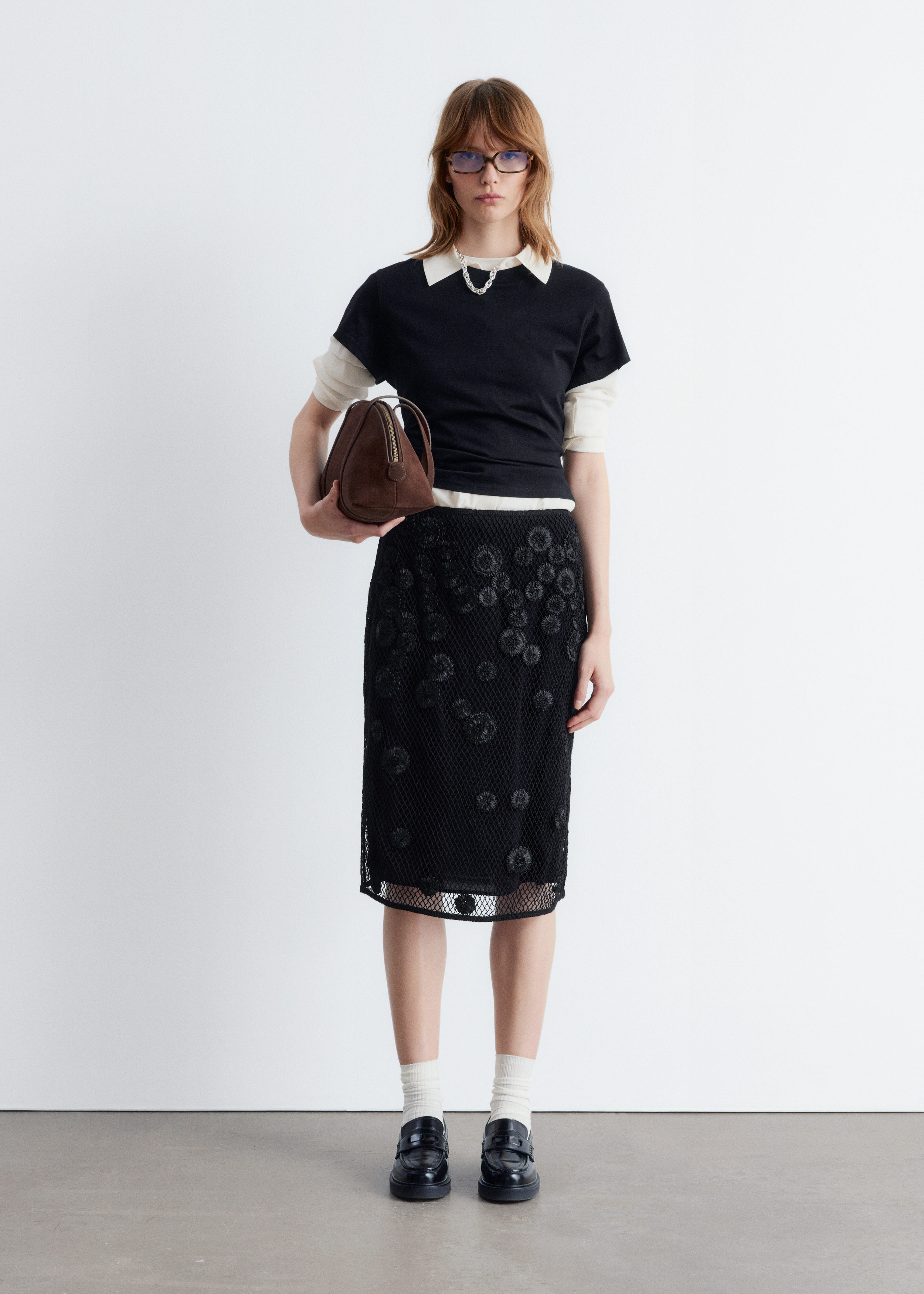 Floral-Appliqué Mesh Midi Skirt