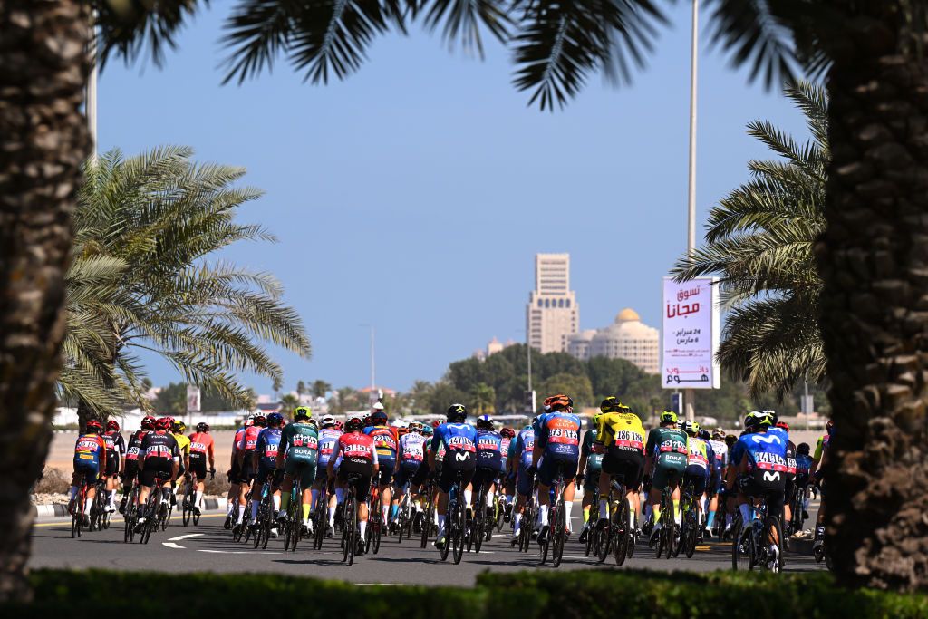 AL MARJAN ISLAND AL JAZIRAH AL HAMRA UNITED ARAB EMIRATES FEBRUARY 21 A general view of the peloton competing prior to the 6th UAE Tour 2024 Stage 3 a 176km stage from Al Marjan Island Al Jazirah Al Hamra to Jebel Jais 1489m UCIWT on February 21 2024 in Al Jazirah Al Hamra United Arab Emirates Photo by Tim de WaeleGetty Images