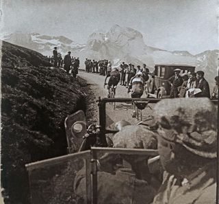 The Col du Tourmalet was the major climb of the decisive ninth stage of the 1930 Tour. Two riders were alone on the two major climbs, Benoit Faure - who won the KOM on both the Aubisque and Tourmalet - and André Leducq, believed to be the duo in this shot. Leducq won the leaders jersey on this stage and held it to the end in Paris.