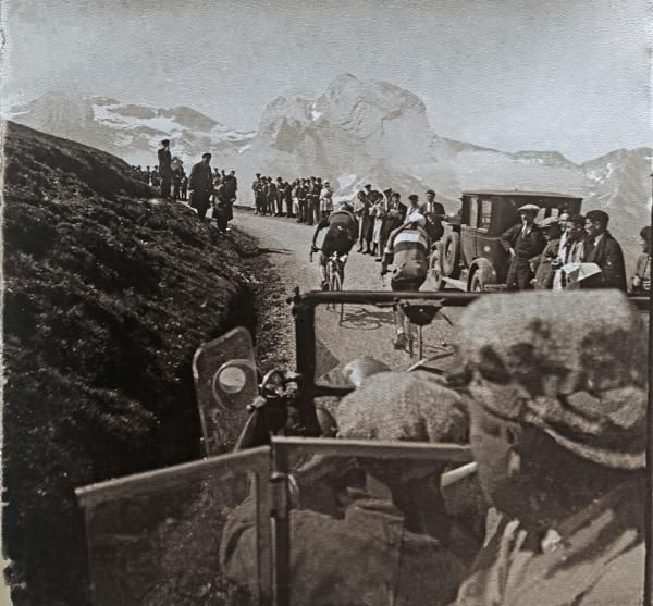 The Col d'Aubisque was a major climb featured in the decisive ninth stage of the 1930 Tour. Two riders were alone on the two major climbs, Benoit Faure - who won the KOM on both the Aubisque and Tourmalet - and Andr&eacute; Leducq, believed to be the duo in this shot. Leducq won the leaders jersey on this stage and held it to the end in Paris.
