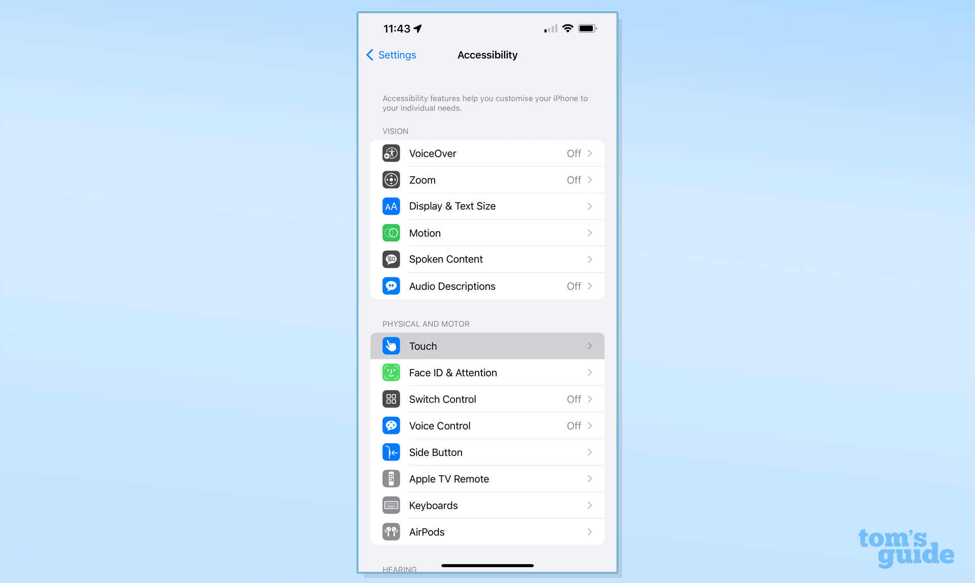 Скриншот меню доступности настроек iOS, показывающий выделенный раздел Touch