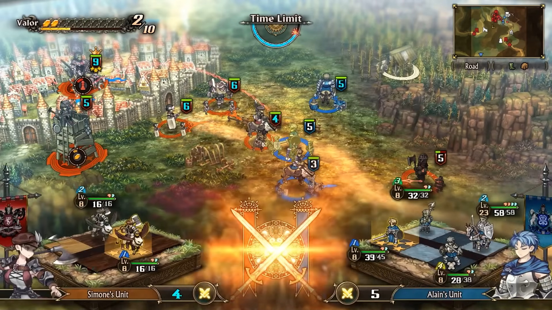 An overview of a battle taking place during the tactical RPG, Unicorn Overlord.