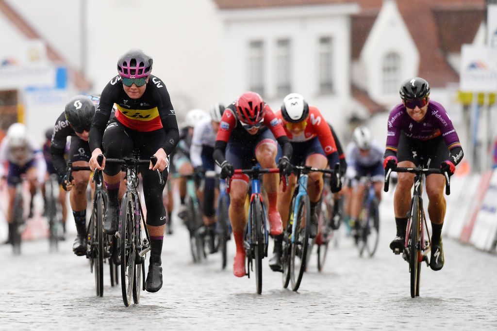 NOKERE BELGIUM MARCH 17 Sprint Arrival Lotte Kopecky of Belgium and Team Liv Racing Jolien Dhoore of Belgium and Team SD Worx during the 3rd Nokere Koerse Danilith Classic 2021 Womens Elite a 124km race from Deinze to Nokere NokereKoerse on March 17 2021 in Nokere Belgium Photo by Mark Van HeckeGetty Images