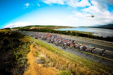 The peloton passes the Botrivier Nature Reserve