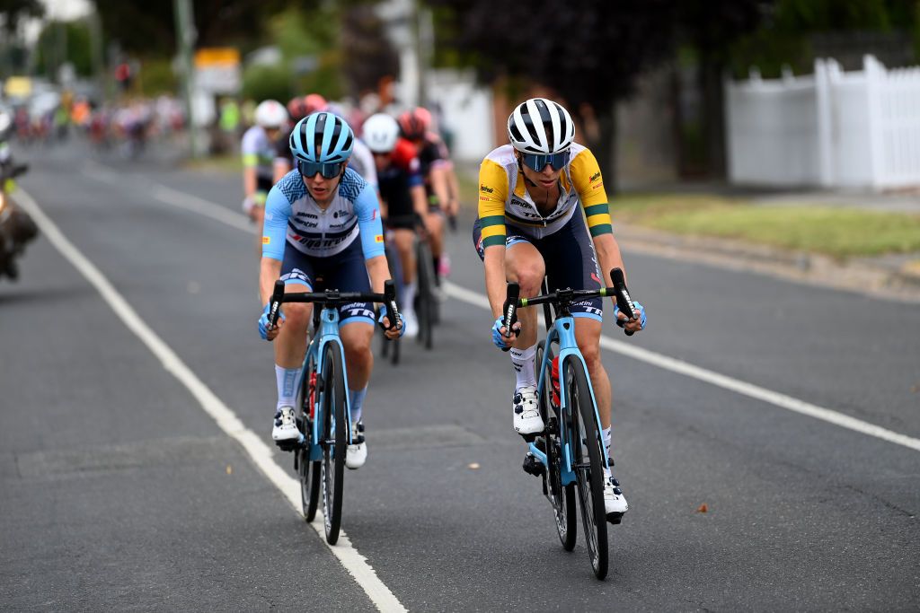GEELONG AUSTRALIA JANUARY 28 LR Amanda Spratt of Australia and Brodie Chapman of Australia and Team Trek Segafredo compete in the breakaway during the 7th Cadel Evans Great Ocean Road Race 2023 Womens Elite a 1408km one day race from Geelong to Geelong CadelRoadRace UCIWWT on January 28 2023 in Geelong Australia Photo by Tim de WaeleGetty Images