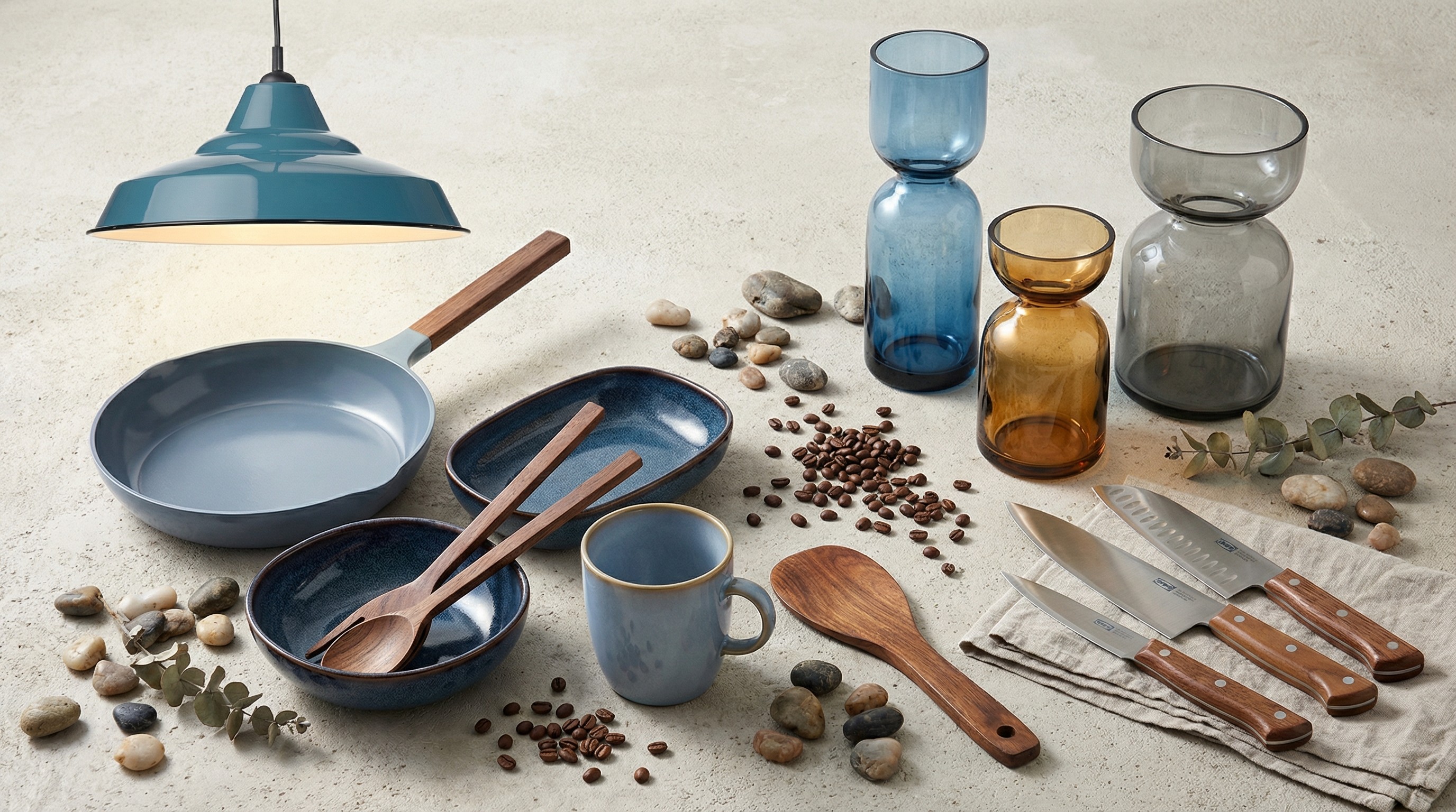 Collection of IKEA kitchenware in shades of blue and walnut