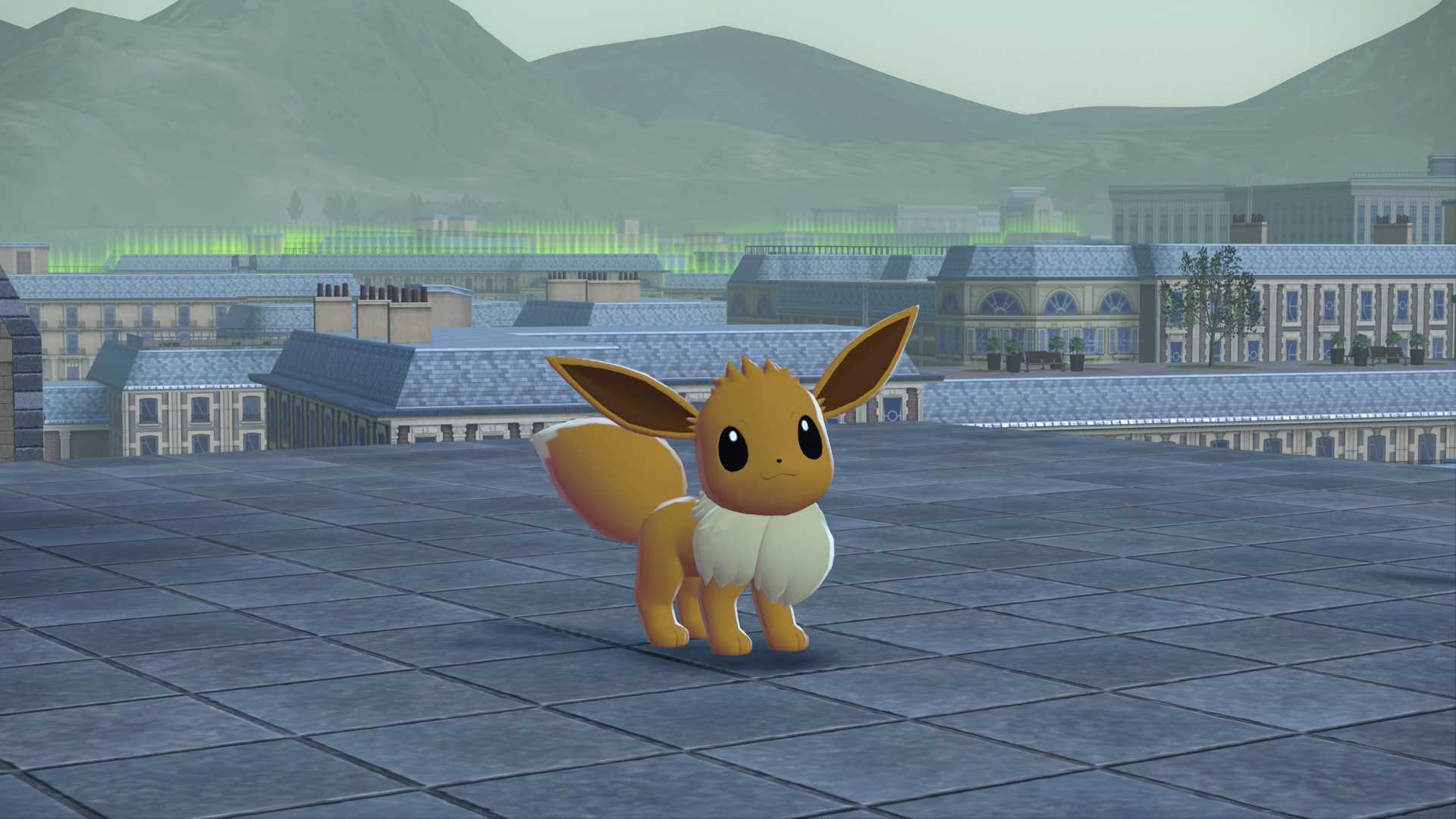 A screenshot of Eevee on a rooftop in Pokemon Legends: Z-A.