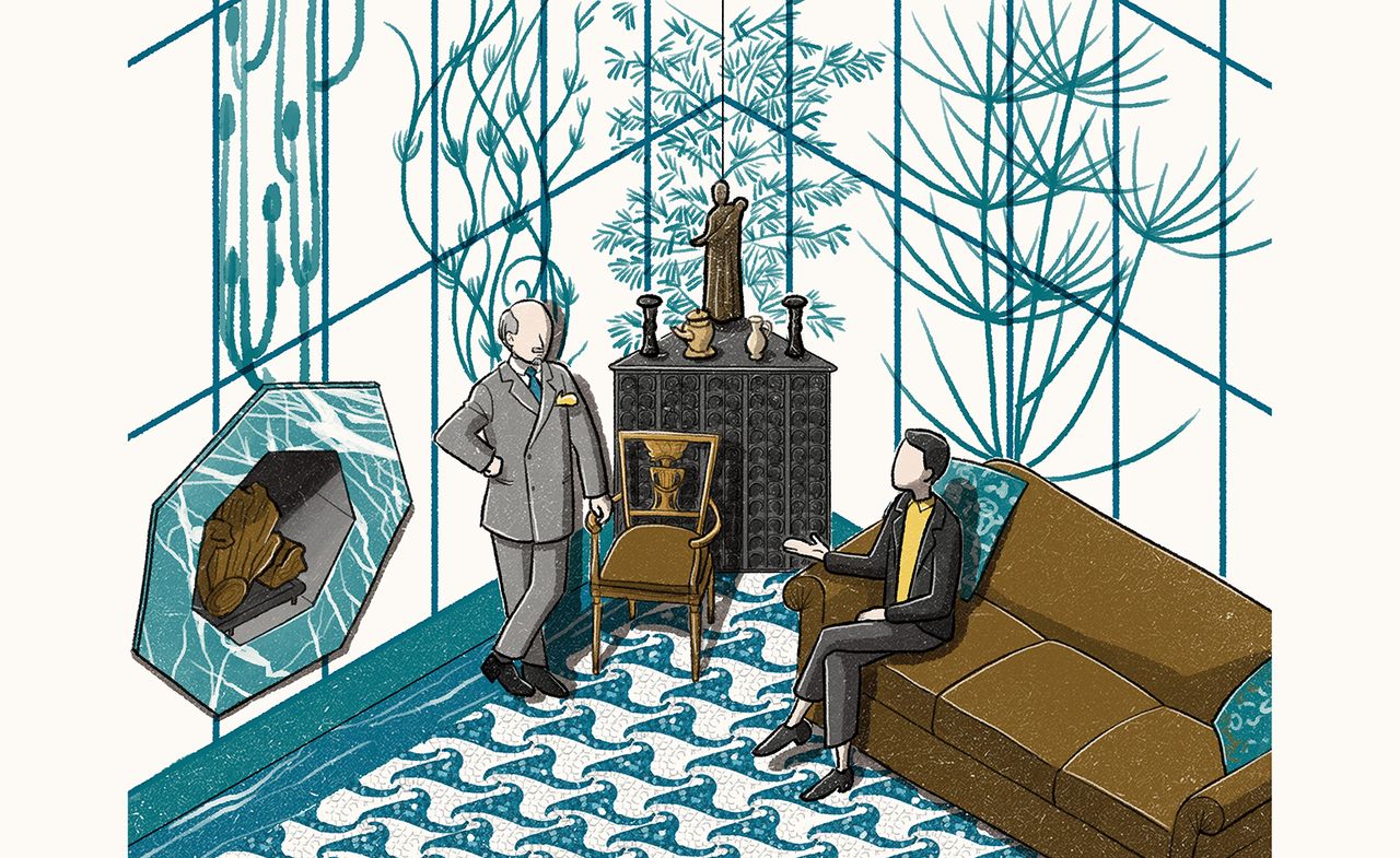 Drawing of men in brightly patterned office