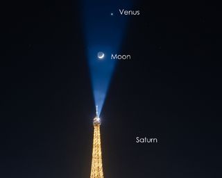 A close-up of the conjuction showing the positions of the moon, Venus and Saturn