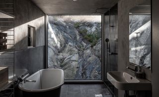 Bathroom and rocky view at the Container house in Sweden