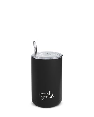 Frank Green Reusable Iced Coffee Cup With Straw, 3-In-1 Insulated Drink Holder With Double Wall Vacuum, Ceramic Lined Tumbler With Straw and Lid - Midnight 15oz/425ml