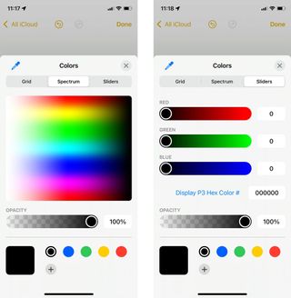 How to select colors in Notes sketch pad for iPhone and iPad by showing: Optionally, tap on Spectrum and Sliders to fine tune your color selection