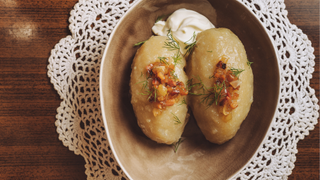 Traditional Lithuanian stuffed potato dumplings.