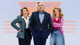 Diane Parker (Rosie Cavaliero), Martin Parker (Conleth Hill) and Kath Pennington (Sian Gibson) stand facing the camera in front of a pale purple background which has a rendering of the Parker's Electrics logo on it: an inverted triangle in peach with four horizontal lines in the same colour. Diane is wearing a power blazer, white blouse and skirt, and has her hands on her hips but is smiling uncomfortably. Martin is wearing a navy blue suit and a paler blue shirt underneath. He has his hands in his trouser pockets and a neutral expression on his face. Kath is wearing a pink cardigan over a magenta blouse and a blue denim skirt, and has her arms folded. All three of them have extremely voluminous hair.