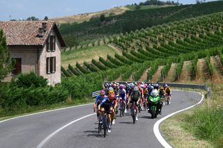 CANELLI ITALY JULY 05 A general view of Gladys Verhulst of France and Team FDJ Suez Sofia Bertizzolo of Italy and UAE Team ADQ lead the peloton during the 34th Giro dItalia Donne 2023 Stage 6 a 1044km stage from Canelli to Canelli 315m UCIWWT on July 05 2023 in Canelli Italy Photo by Dario BelingheriGetty Images
