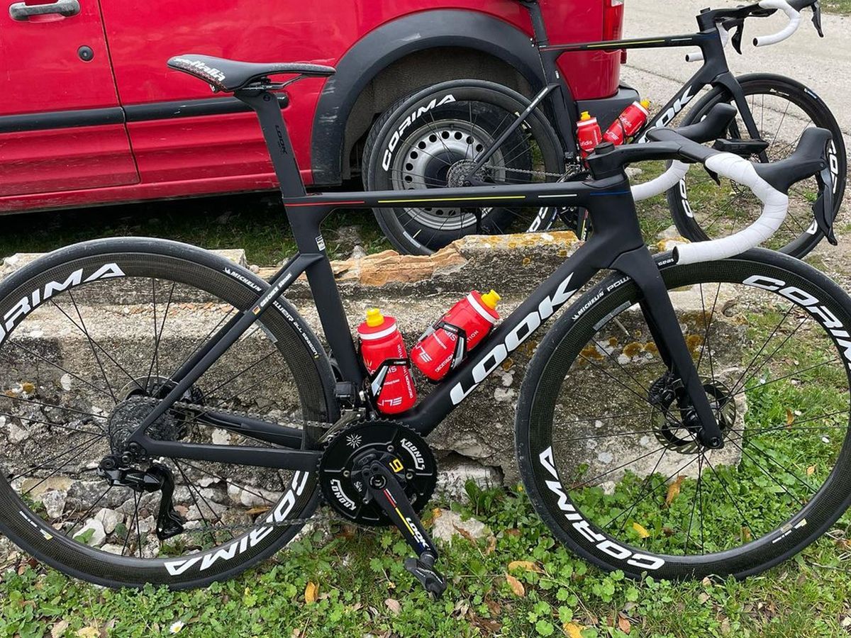 a new Look road bike leaning against a wall