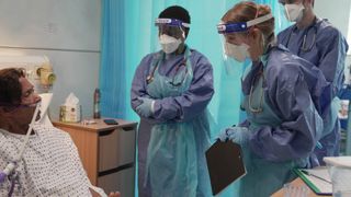 Dr. Abbey Henderson (Joanne Froggatt) and fellow healthcare professionals talk to Mr. Williams in Breathtaking episode 2.