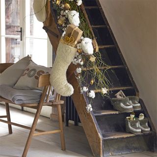stairway with stocking and wooden bench