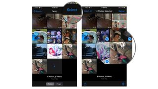 Remove photos or video from Family album on iOS: Tap Select, Select Photos