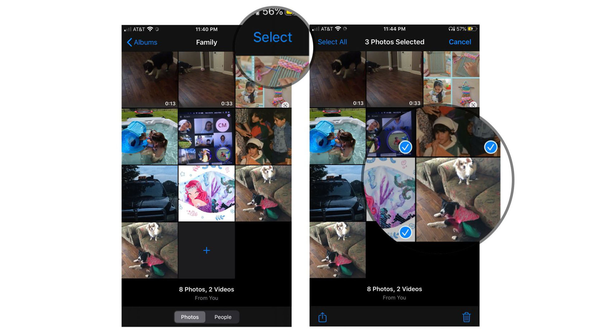 Удаление фотографий или видео из Семейного альбома на iOS: нажмите «Выбрать», выберите «Фото».