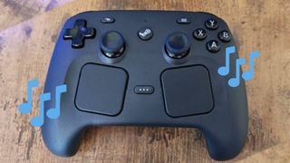 Steam Controller on woodgrain desk with blue music notes at each side.