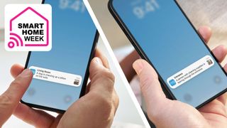 Two phones receiving AI-generated video description notifications from the Ring app